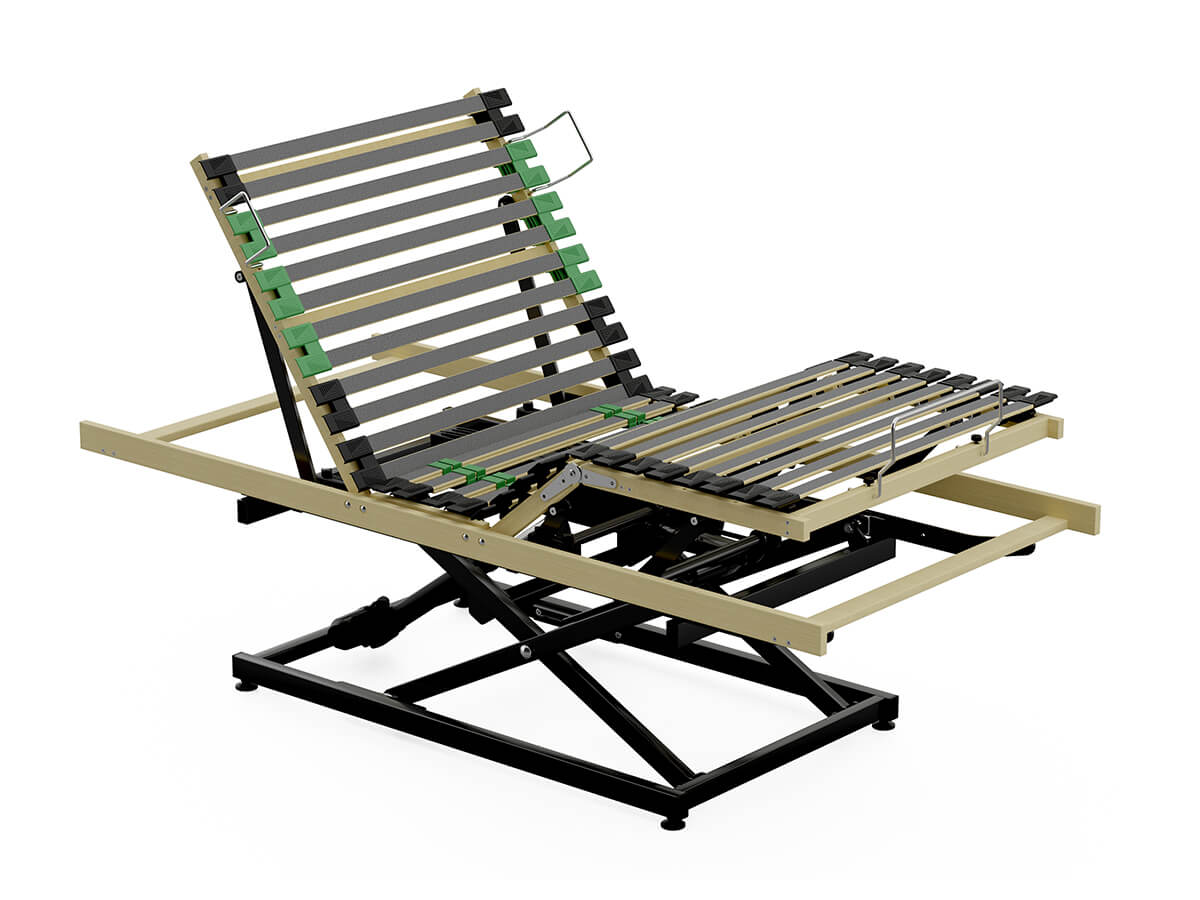 Liftsystem Integra zur Nachrüstung bestehender Betten in angehobener Position mit aufgestelltem Rückenteil und erhöhtem Beinteil.