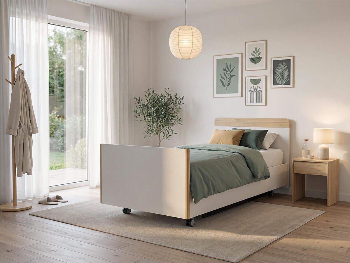 Pflegebett SanaLIFT NovaPlus von KIRCHNER® in einem wohnlichen Schlafzimmer 