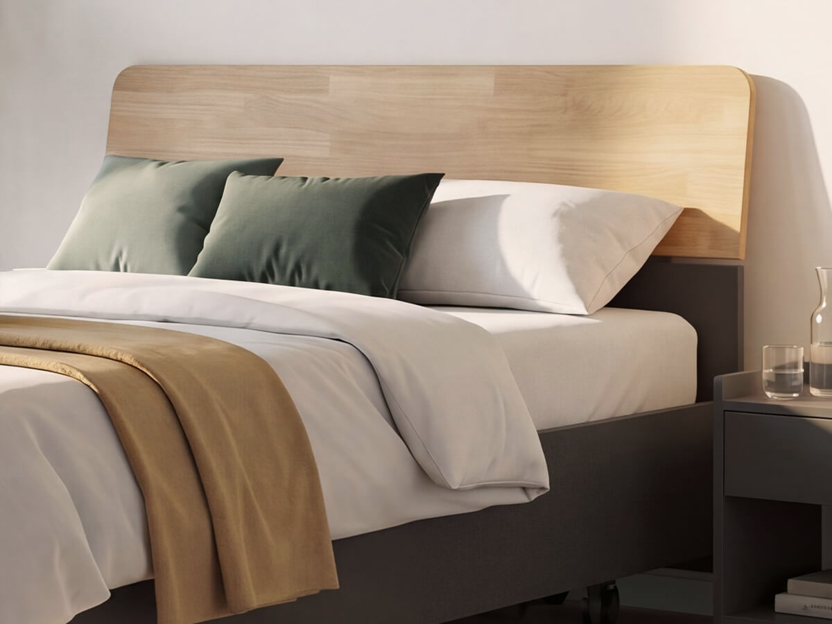 Kopfteil des Pflegebetts SanaLIFT Vita von KIRCHNER® in einem wohnlichen Schlafzimmer