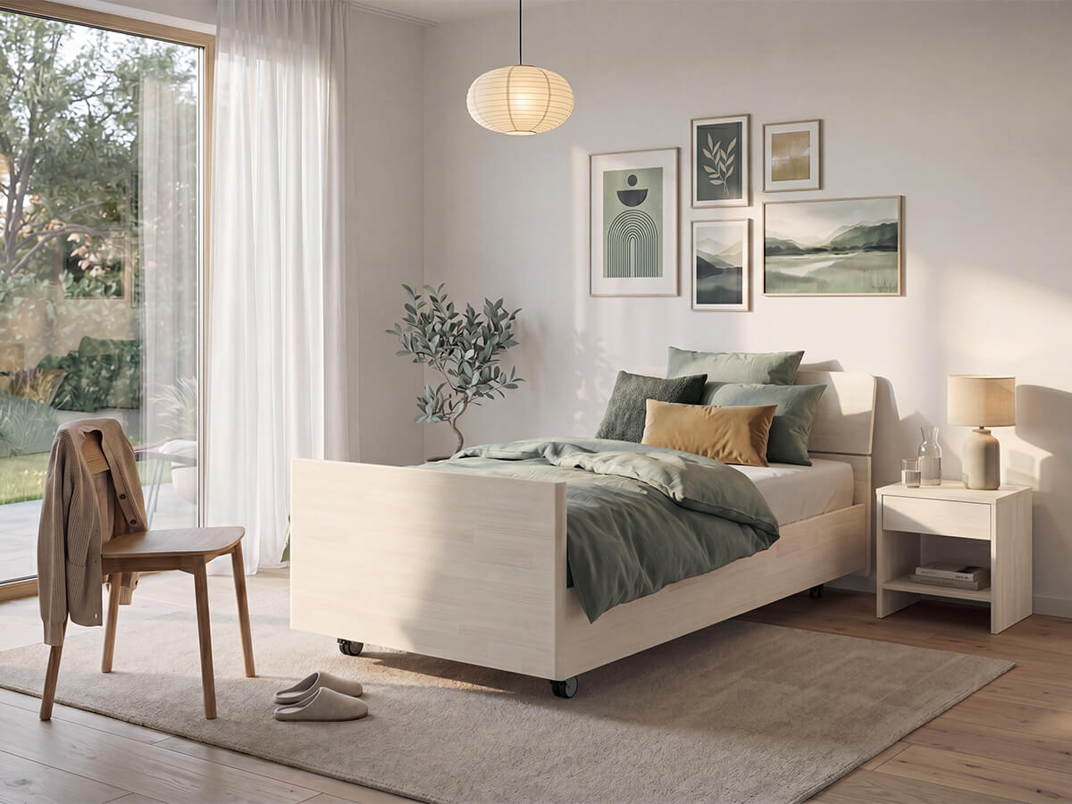 Pflegebett SanaLIFT VitaMassiv von KIRCHNER® in einem wohnlichen Schlafzimmer mit zurückgeschlagener Bettdecke