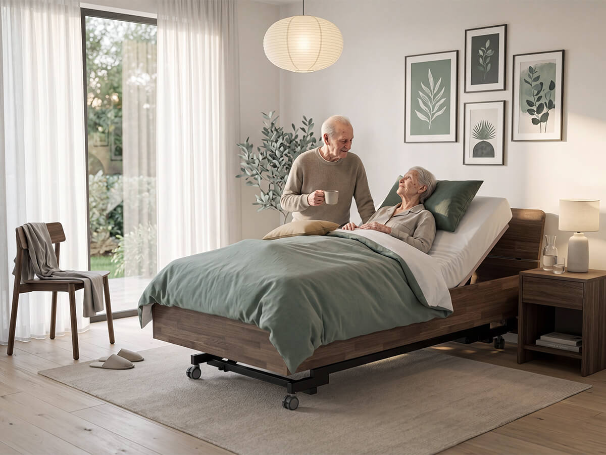 Pflegebedürftige Seniorin liegt im motorisch verstellten Pflegebett SanaLIFT VitaMassiv von KIRCHNER® und sieht ihren Mann an, der neben dem Bett steht.